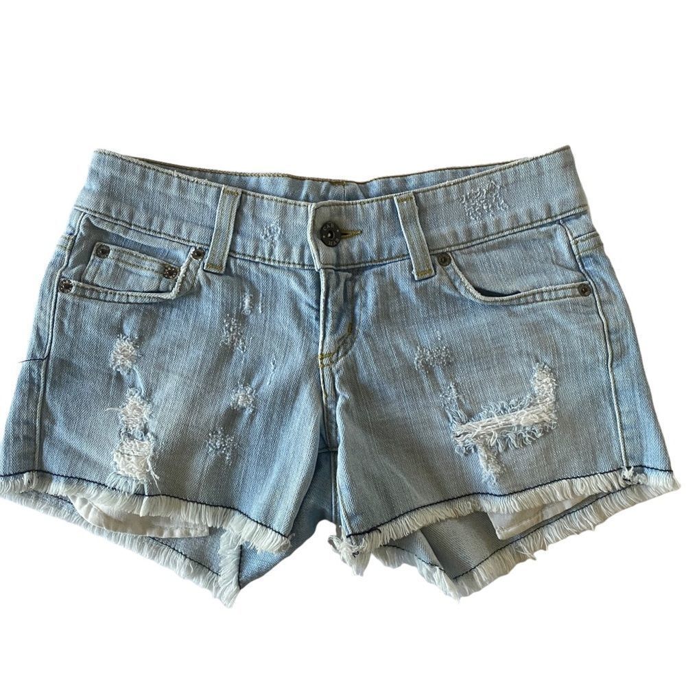Carmar Denim Shorts Womens 24 Light Blue Distressed‎ Low Rise Raw Hem Cutoffs